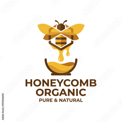 A creative illustration of an organic honeycomb surrounded by bee motifs, emphasizing purity and natural sourcing, perfect for promoting healthy products and eco-friendly practices.