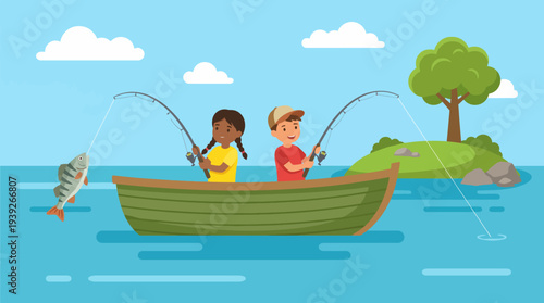 This vibrant illustration showcases two children fishing from a colorful boat under a sunny sky, celebrating friendship and fun in nature, depicting happiness and adventure.