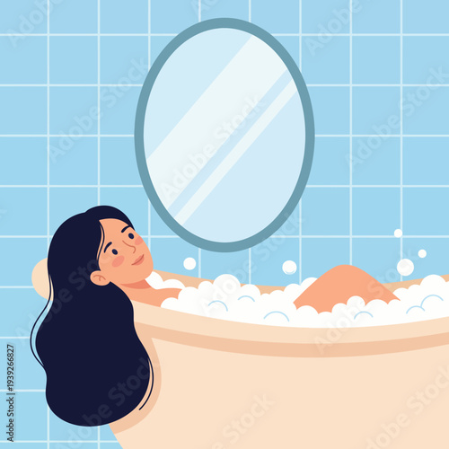 In this serene illustration, a woman enjoys her relaxation time in a bubble-filled bathtub, promoting self-care and tranquility, with soft colors and a calming atmosphere.