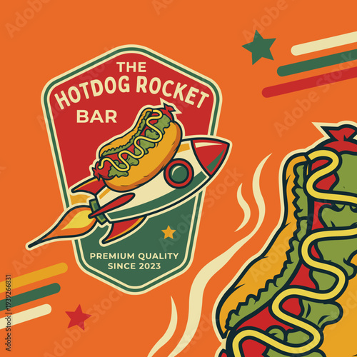 The logo features a hotdog-shaped rocket, blending fun and quality, symbolizing vibrant flavors and an energetic dining atmosphere at the Hotdog Rocket Bar since 2023.