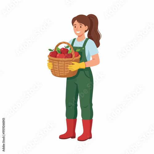 The image features a happy woman joyfully holding a basket filled with ripe apples, embodying wholesome agriculture, a cheerful attitude, and the beauty of harvest season.