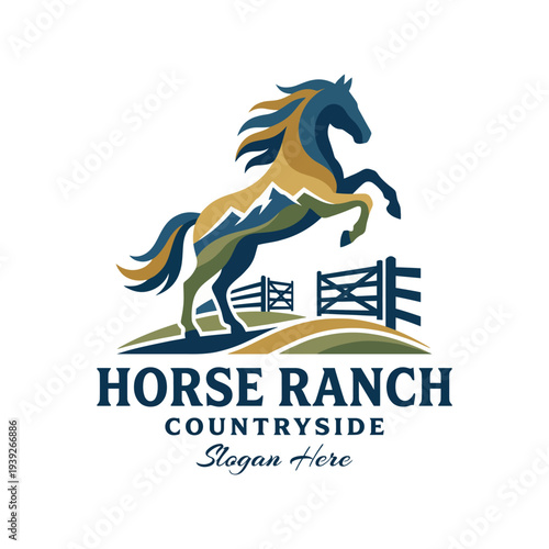 The logo features a dynamic horse jumping over a fence set against a backdrop of natural elements, conveying freedom and connection to nature perfect for equestrian branding.