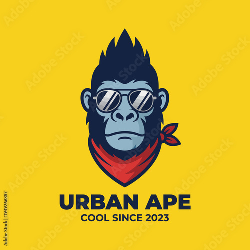 This stylish urban ape character depicts a modern, cool vibe with sunglasses and a bandana, ideal for brands targeting youth culture or streetwear fashion.