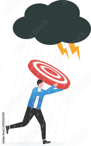 Businessman Using Target Board as Shield in Storm