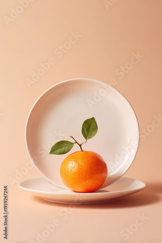 vertical shot orange sits on a white plate with a small branch and green leaves. The background is plain and light, focusing attention on the fruit and its plate