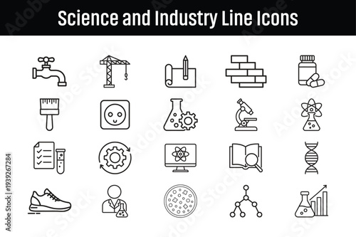 Set of Science and Industry Linear Vector Icons for Technical Projects