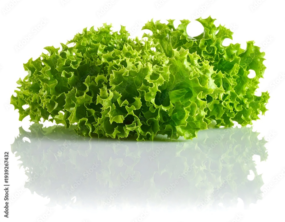 Obraz premium Vibrant green frilly lettuce leaves are neatly stacked, reflecting on a glossy white surface