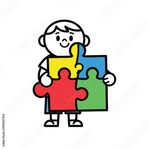 Cute cartoon boy holding a colorful four-piece jigsaw puzzle vector illustration, symbolizing autism awareness, teamwork, problem-solving, and collaboration on a clean white background.