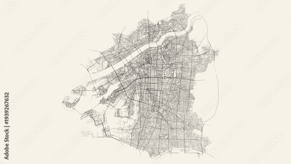 Fototapeta premium City street and transportation map of Osaka, Japan, in black and light beige. High resolution full frame minimalist poster style road map or urban street plan of Osaka. Vintage look.