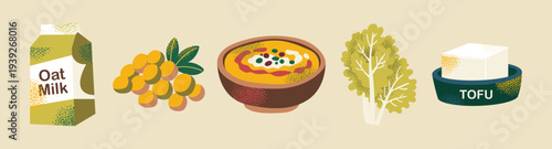 Vector Illustration of Plant-Based Vegan Food Set with Oat Milk Carton, Soy Tofu, Fresh Kale Leaf, Sea Buckthorn Berries, and Healthy Vegetable Soup Bowl in Flat Textured Grain Graphic Style