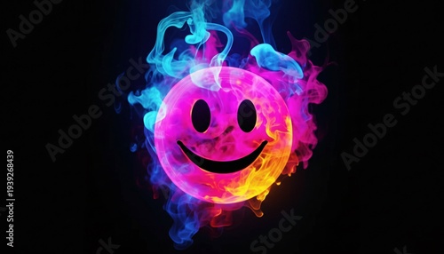 A vibrant smiley face surrounded by colorful smoke on a dark background