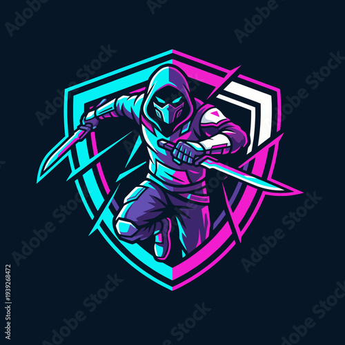 This striking logo portrays a ninja in action, highlighting agility and stealth, encapsulating a sense of mystery and mastery, ideal for gaming or martial arts branding.
