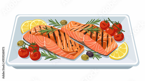 This culinary image showcases beautifully grilled salmon fillets garnished with fresh herbs, lemons, and cherry tomatoes, evoking freshness and gourmet dining experience.