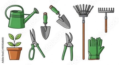 Collection of gardening tools essential for planting and maintaining a beautiful garden.