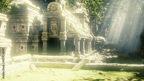 Obraz na plátně Dramatic jungle temple ruins bathed in sharp sunlight beams and vinewrapped pill