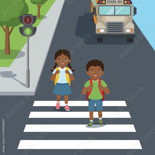 A delightful scene featuring two children crossing a street safely while a school bus is parked nearby, highlighting the importance of road safety for kids.