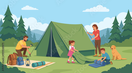 A heartwarming family scene as they set up a camp tent in a scenic outdoor setting, showcasing the joy of togetherness and the beauty of nature.