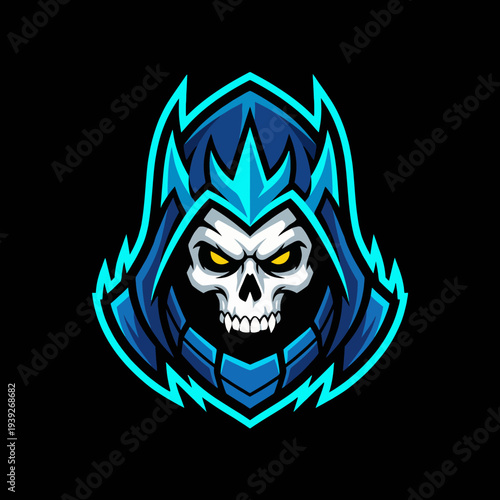 An edgy and striking graphic design featuring a skull mascot with blue accents, perfect for gaming or sporty themes, conveying a bold and powerful attitude.