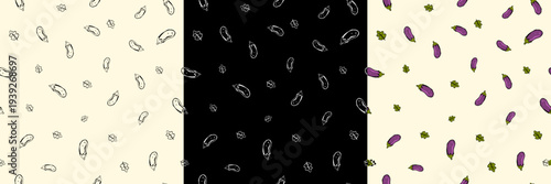 Cute seamless eggplant vegetable vector pattern with leaves. Aubergine minimal hand drawn food illustration repeat for textile, kitchen fabric, wallpaper, packaging