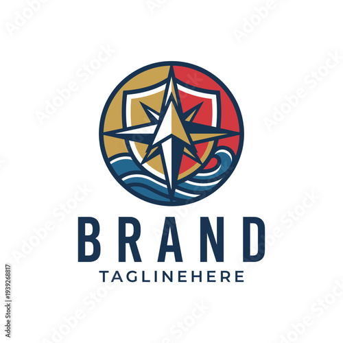 A vibrant logo featuring a compass design with nautical colors, symbolizing guidance, adventure, and exploration, ideal for travel or maritime-themed businesses.