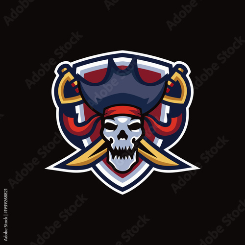 An eye-catching pirate skull logo featuring crossed swords, symbolizing adventure, bravery, and the rebellious spirit of piracy against a bold black background.