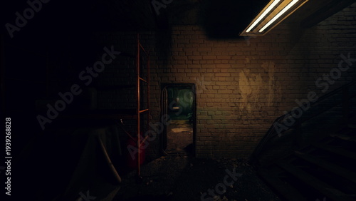 Картината върху платно Dim industrial basement with fluorescent lights, brick walls, covered furniture,