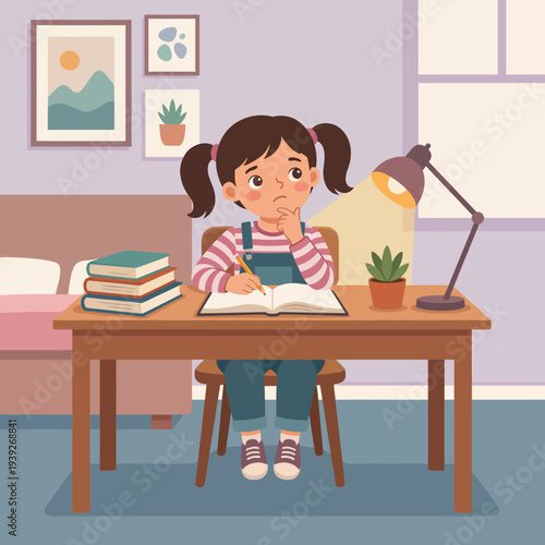 A cheerful illustration of a young girl pondering while studying at a desk surrounded by books and plants, symbolizing curiosity, creativity, and the joy of learning.