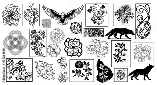 Collection of intricate black and white illustrations featuring various animal and floral designs.