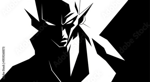 Intense black and white portrait of a mysterious figure with sharp features.