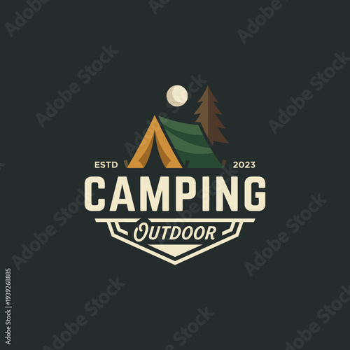 A rustic logo designed for outdoor enthusiasts, featuring a tent, trees, and the moon, embodying adventure, exploration, and a love for nature and camping.
