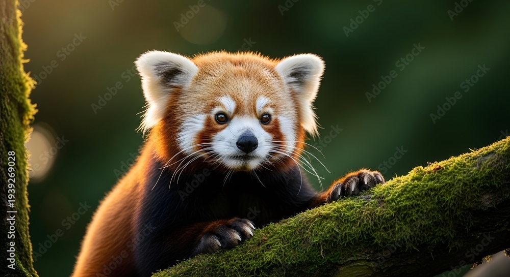 Fototapeta premium Red panda perched on a mossy tree branch in forest habitat