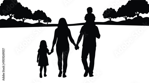Happy family with two children walking outdoors, silhouette illustration