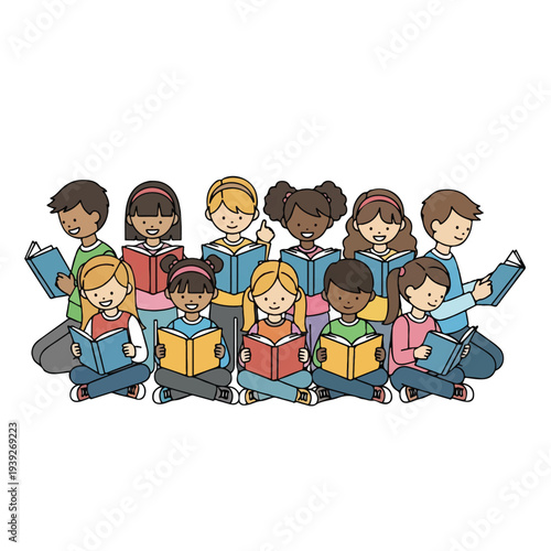 Diverse Group of 12 Happy School Children Reading Books Together, Sitting Cross-Legged in a Row, Flat Style Vector Illustration for Education and Learning Concepts