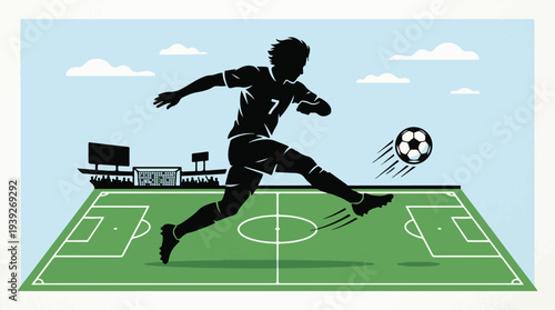 Dynamic silhouette of a soccer player kicking a ball on a football field