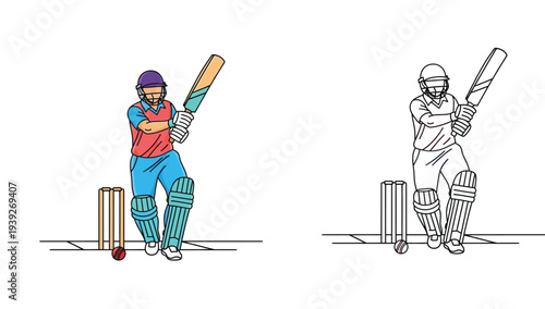 Cricket batsman hitting the ball vector illustration, full color and black and white line art outline suitable for coloring book or sports graphics.