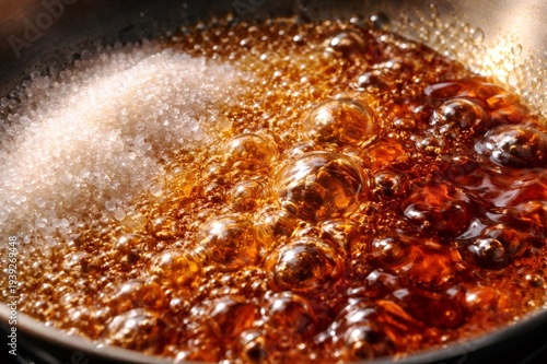 Sugar granules melting into a bubbling, glossy caramel in a hot saucepan, close up of homemade confectionery preparation showing sticky, golden brown texture and boiling motion