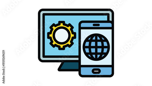 Digital technology connecting a computer and smartphone with a global network interface.