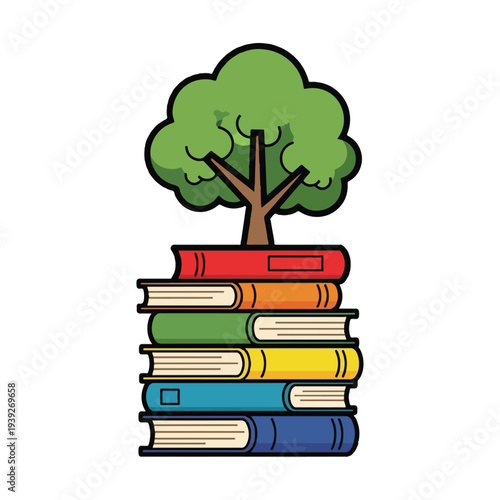 Vibrant vector illustration of a green tree growing from a colorful stack of six books, symbolizing education, knowledge, and growth