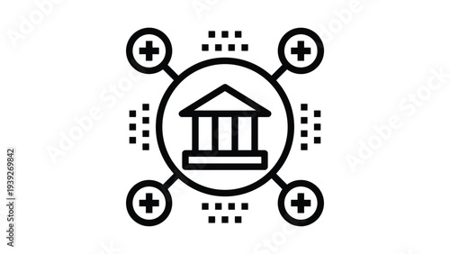 Modern illustration of a building connected to network nodes with plus symbols