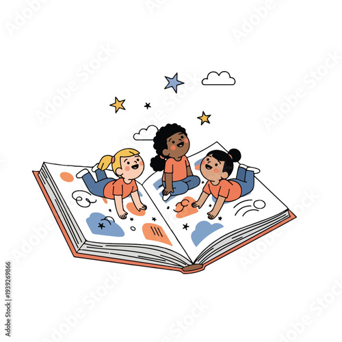 Diverse Group of Three Happy Children Reading a Magical Open Storybook with Floating Stars and Clouds, Vector Illustration for Kids' Education and Imagination