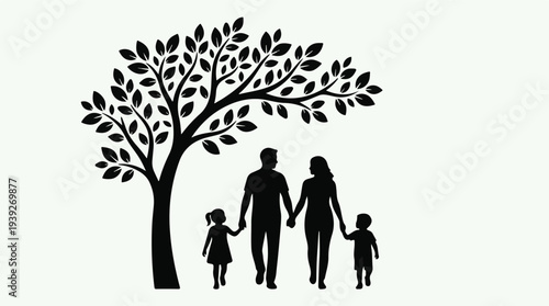 Silhouetted family of four walking hand-in-hand under a leafy tree