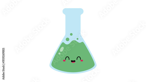 A whimsical flask containing a smiling green substance with bubbles