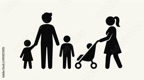 Minimalist stick figure family icon with two kids and a baby in a stroller