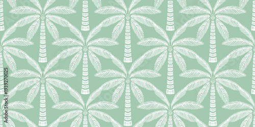 Green fabric with white palm tree patterns, featuring coconut tree design, palm leaf motifs. White palm leaf pattern on sage green background, seamless design. The pattern that gives an airy feel.