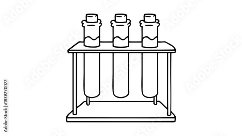 Laboratory setup with three test tubes and reagent bottles on a rack