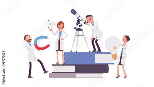 Scientists collaborating on a groundbreaking discovery using various tools and experiments