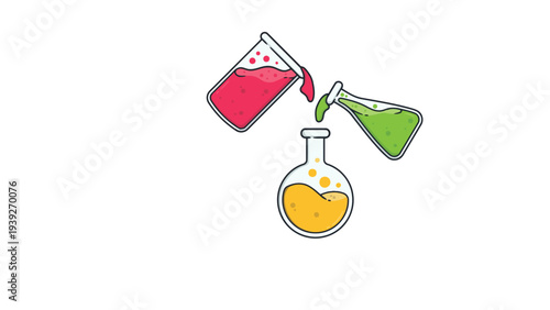 Chemical experiment demonstration with colored liquids and laboratory glassware