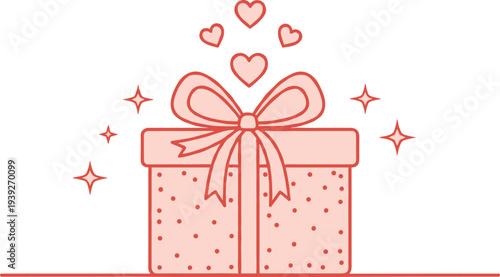 Pink gift box with ribbon, bow, hearts, stars, polka dots, celebration vector illustration for love, holiday, birthday, anniversary design