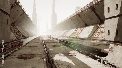 sunrise empty industrial avenue with repaired panels and converging tracks, fresh algae streaks and warm glow signaling recovery scaffold beams and distant