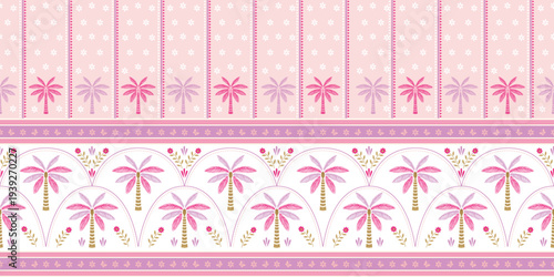 A beautiful pink palm tree pattern, adorned with strip and geometric designs, looks soft and elegant. This palm tree pattern is perfect for summer beach fashion fabrics, wallpapers, and clothing.